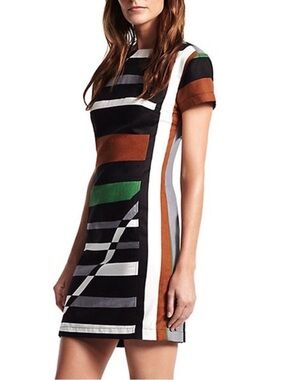 Derek Lam Black Multi-Stripe Mini Dress with Green and Brown Accents
